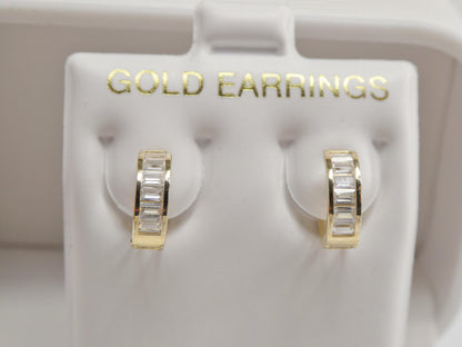Real 10k Solid Yellow Gold Baguette Huggie Hoop Earrings
