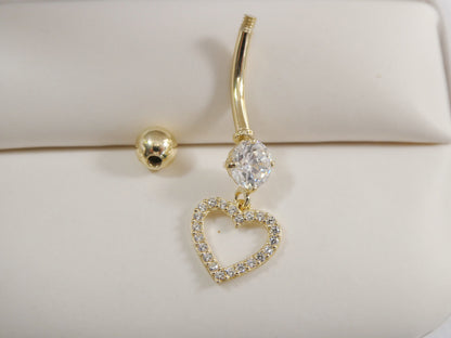 14k Real Solid Yellow Gold Dangling Heart Belly Button Ring Piercing