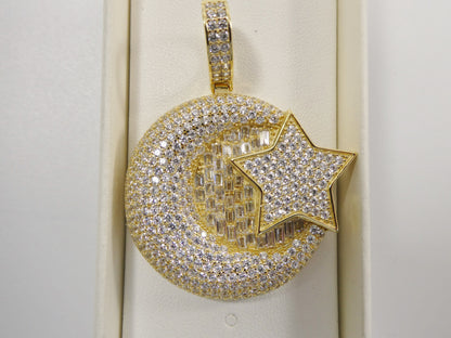 Real 925 Sterling Silver Large Muslim Moon & Star Pendent Full Ice Stone Charm