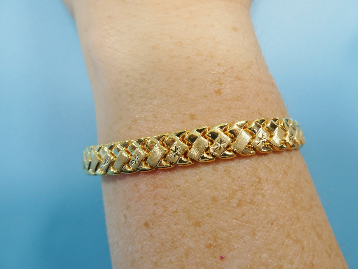 Stamped Basket Bracelet: 14k Yellow Gold Finish, Sterling Silver