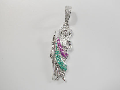 Real Solid 925 Sterling Silver Large Color Stone Saint Jude Pendent