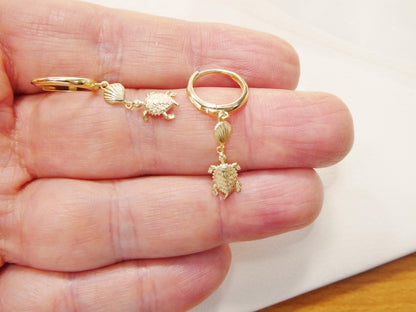 10k Real Yellow Gold Turtle Dangle Plain Huggie Earrings