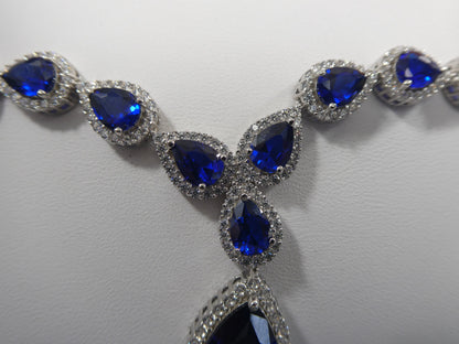 Real 925 Sterling Silver Teardrop Blue Sapphire Women Necklace