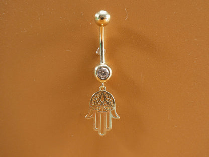 14k Real Solid Yellow Gold Dangling Hamsa Hand Belly Button Ring Piercing