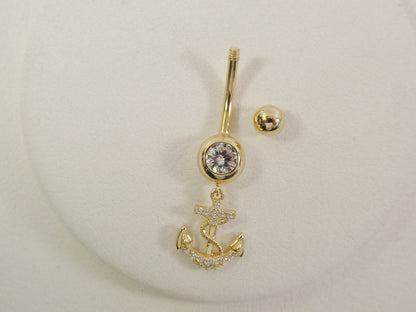14k Real Solid Yellow Gold Dangling Anchor Belly Button Ring Piercing