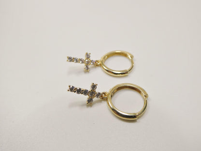 Real 10k Solid Yellow Gold Cross Dropping Hoop Huggie Earrings