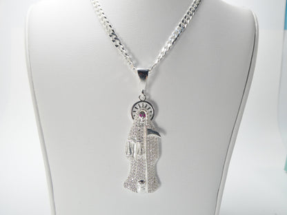 Real 925 Sterling Silver 22 inch Flat Chain And Large Santa Muerte Pendent Charm