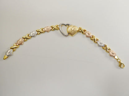 Real 925 Sterling Silver Double Heart xo Heart Tri Color Set Necklace And Bracelet