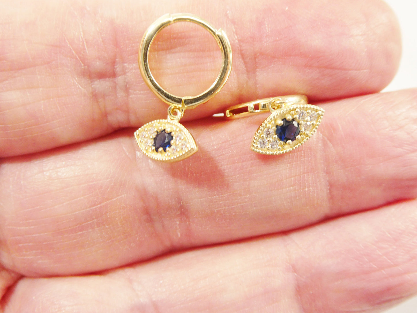 10k real yellow gold sapphire blue stone evil eye dropping plain huggie earrings