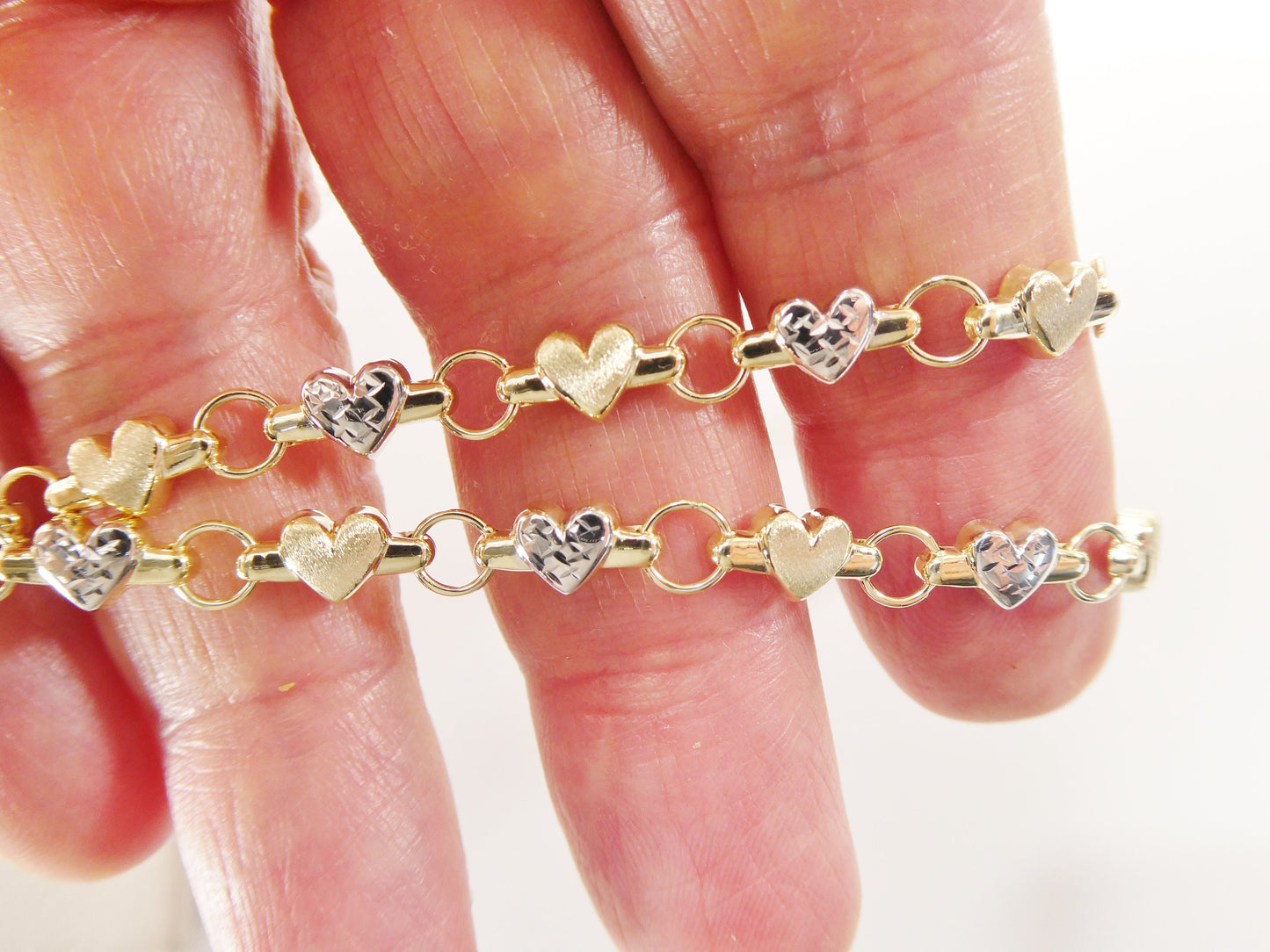 real 10k solid yellow gold 5.5/ 6.5 inch children/women xo heart two tone bracelet