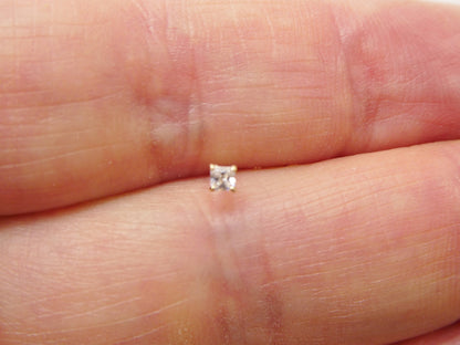 14k Real Solid Yellow Gold L-Shape 2mm Square Stone Stud Nose Ring