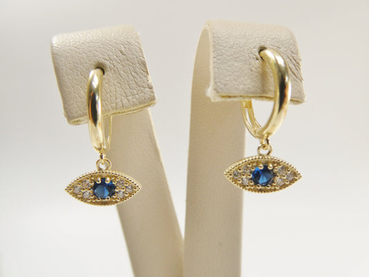 10k real yellow gold sapphire blue stone evil eye dropping plain huggie earring