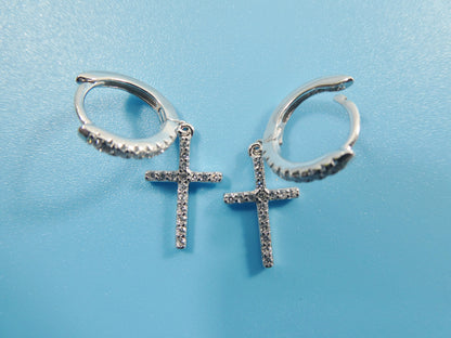 Sterling Silver Cross Drop Earrings: White Gold Finish, Cubic Zirconia