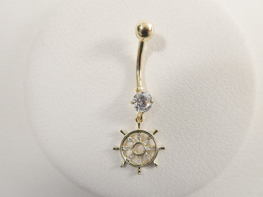 14k real solid yellow gold ship wheel dangling belly button ring piercing