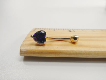 14k Real Solid Yellow Gold 6mm Heart Amethyst Stone Belly Button Ring Piercing
