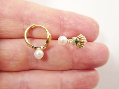 Real 10k Solid Yellow Gold Shell Cultured Freshwater Pearl Plain Hoop Huggie Earrings