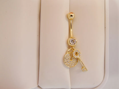 14k Real Solid Yellow Gold Dangling Lock And Key Belly Button Ring Piercing