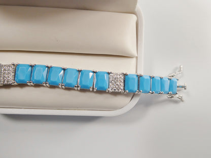 7 inch Real 925 Sterling Silver Rectangle Turquoise Tennis Bracelet
