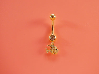 14k Real Solid Yellow Gold Fish Dangling Belly Button Ring Piercing