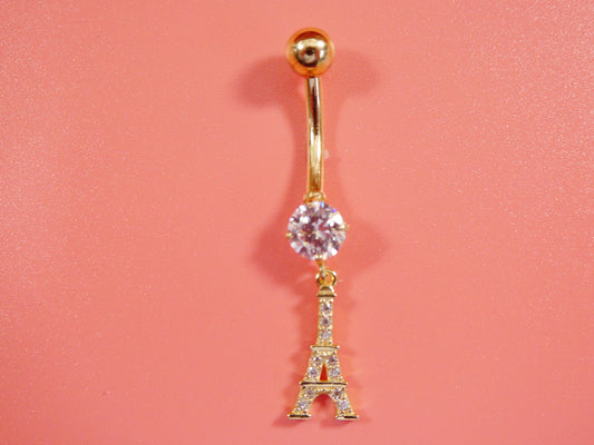14k real solid yellow gold Eiffel tower  belly button ring piercing