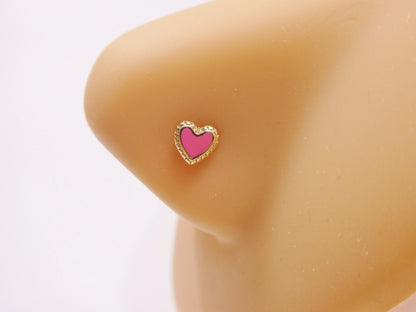 14k Real Solid Yellow Gold Heart Enamel Stud Nose Ring