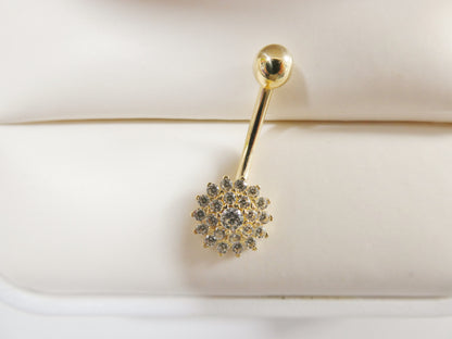 14k Real Solid Yellow Gold Flower Shaped Belly Button Ring Piercing