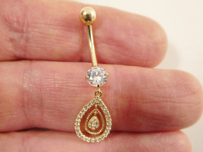 14k Real Solid Yellow Gold Oval Dangling Belly Button Ring Piercing