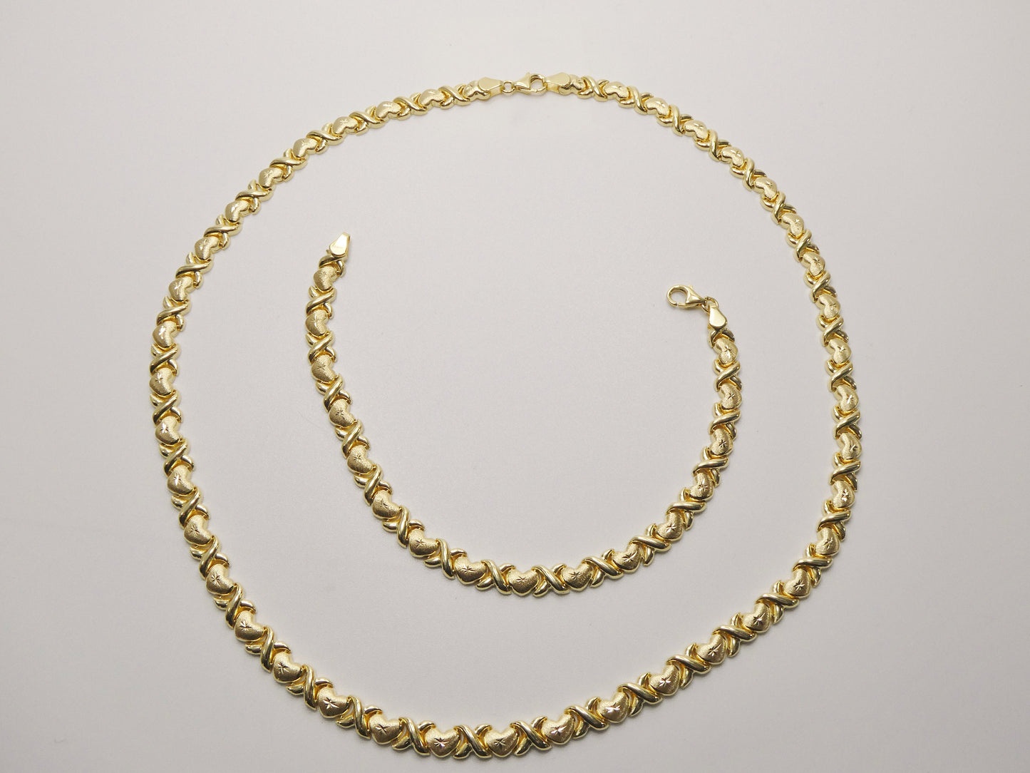 Sterling Silver XO Necklace Bracelet Set: 14k Gold Finish