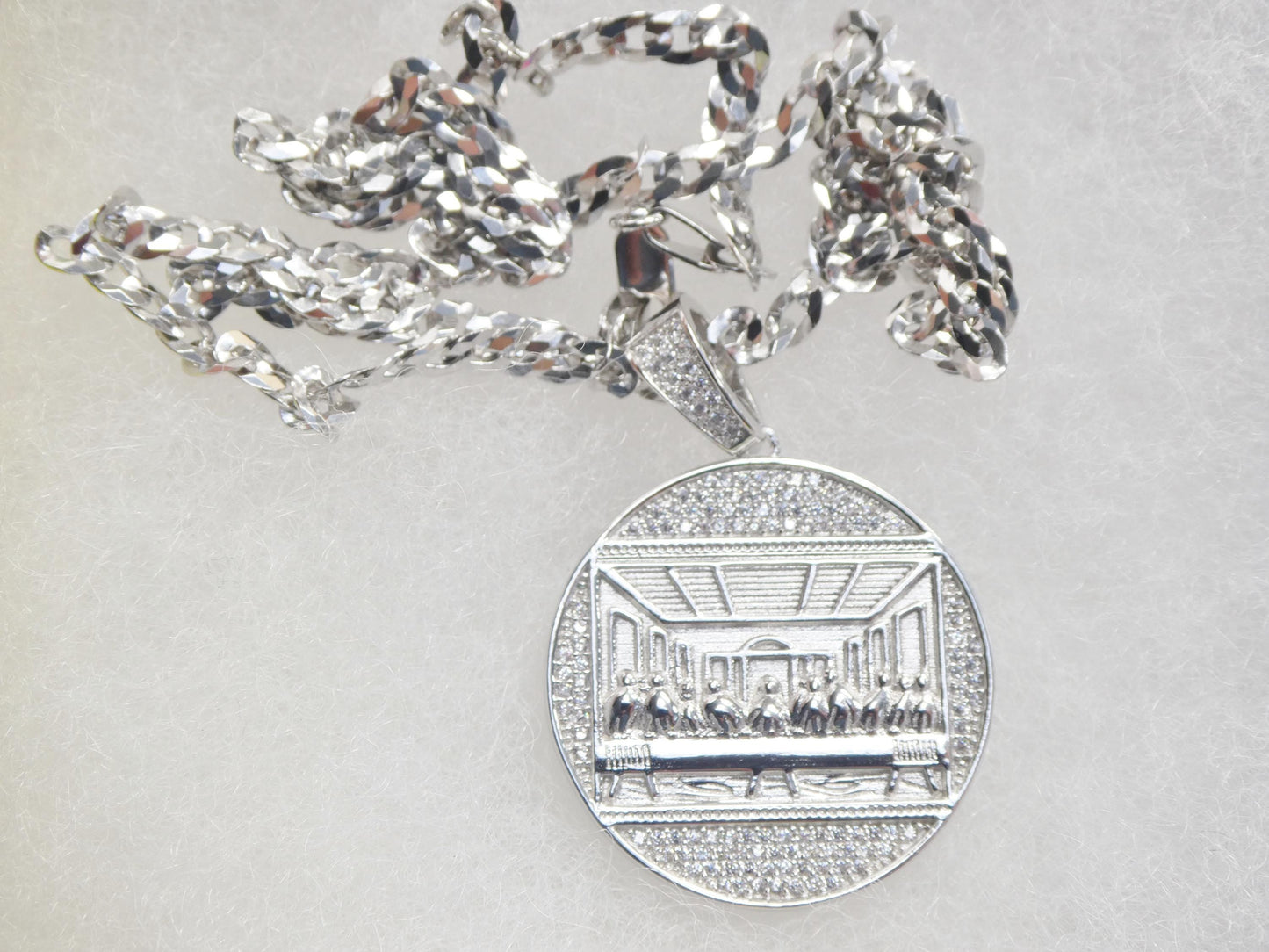 real 925 sterling silver 22 inch flat chain and large last supper pendent charm