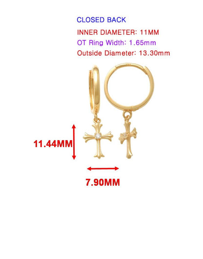 Real 10k Solid Yellow Gold Cross Dropping Hoop Huggie Earrings