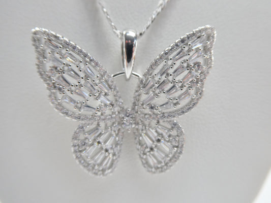 Real 925 Sterling Silver Baguette Setting Butterfly Chain and Pendent