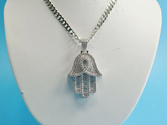 14k white gold color tone chain and large hamsa evil eye charm pendent over real 925 sterling silver