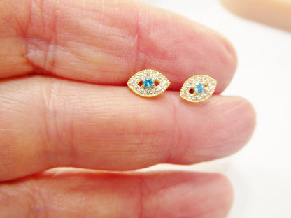 10k Real Yellow Gold Evil Eye Push Post Earrings