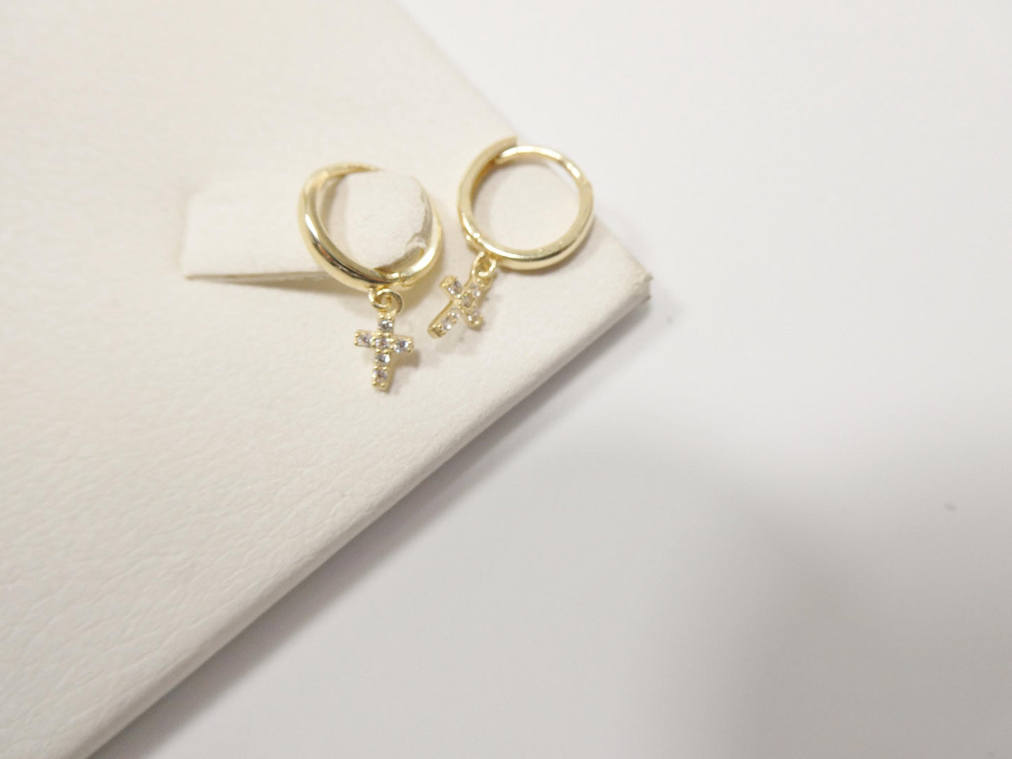 real 10k solid yellow gold cross dropping hoop huggie earrings