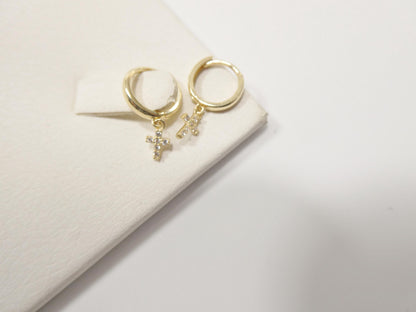Real 10k Solid Yellow Gold Cross Dropping Hoop Huggie Earrings