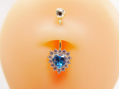 14k Real Solid Yellow Gold Color Stone Heart Belly Button Ring Piercing