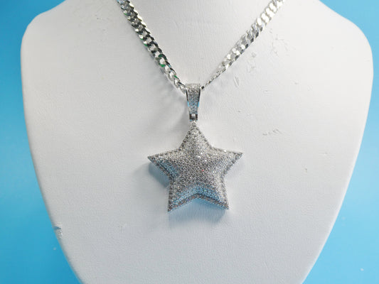 14k white gold color tone chain and large star charm pendent over real 925 sterling silver