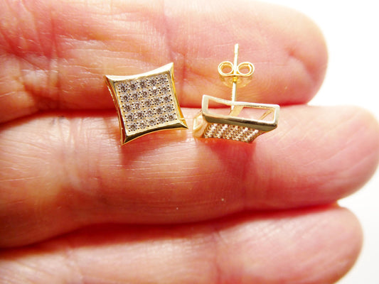 real 10k solid yellow gold square kite shape push post stud earring