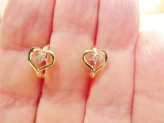 real 10k solid yellow gold designer heart flower hoop huggie earrings