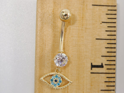 14k Real Solid Yellow Gold Evil Eye Dangling Belly Button Ring Piercing