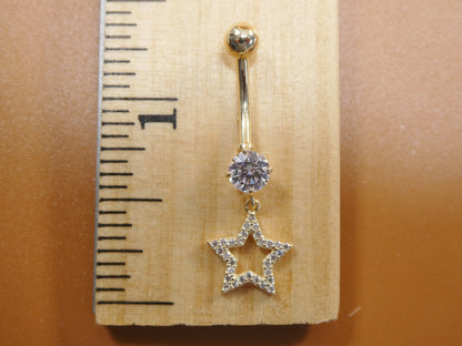 14k Real Solid Yellow Gold Dangling Star Belly Button Ring Piercing