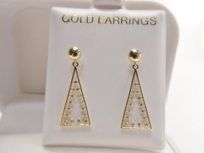 Real 10k Solid Yellow Gold Pyramid Triangle Drop Dangling Push Post Earrings