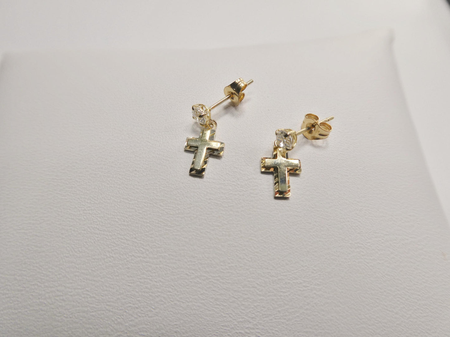 real 10k solid yellow gold cross dropping push post earrings