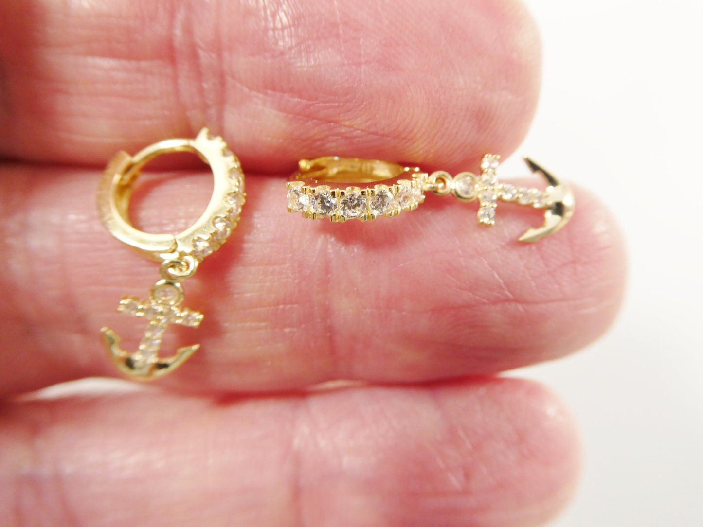 10k real yellow gold anchor dangling huggie hoop earrings