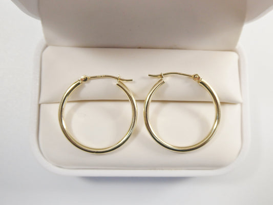14K real solid yellow gold 2mm / 25mm round hoop earring snap closure high polish finish