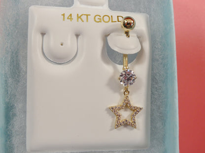 14k Real Solid Yellow Gold Dangling Star Belly Button Ring Piercing