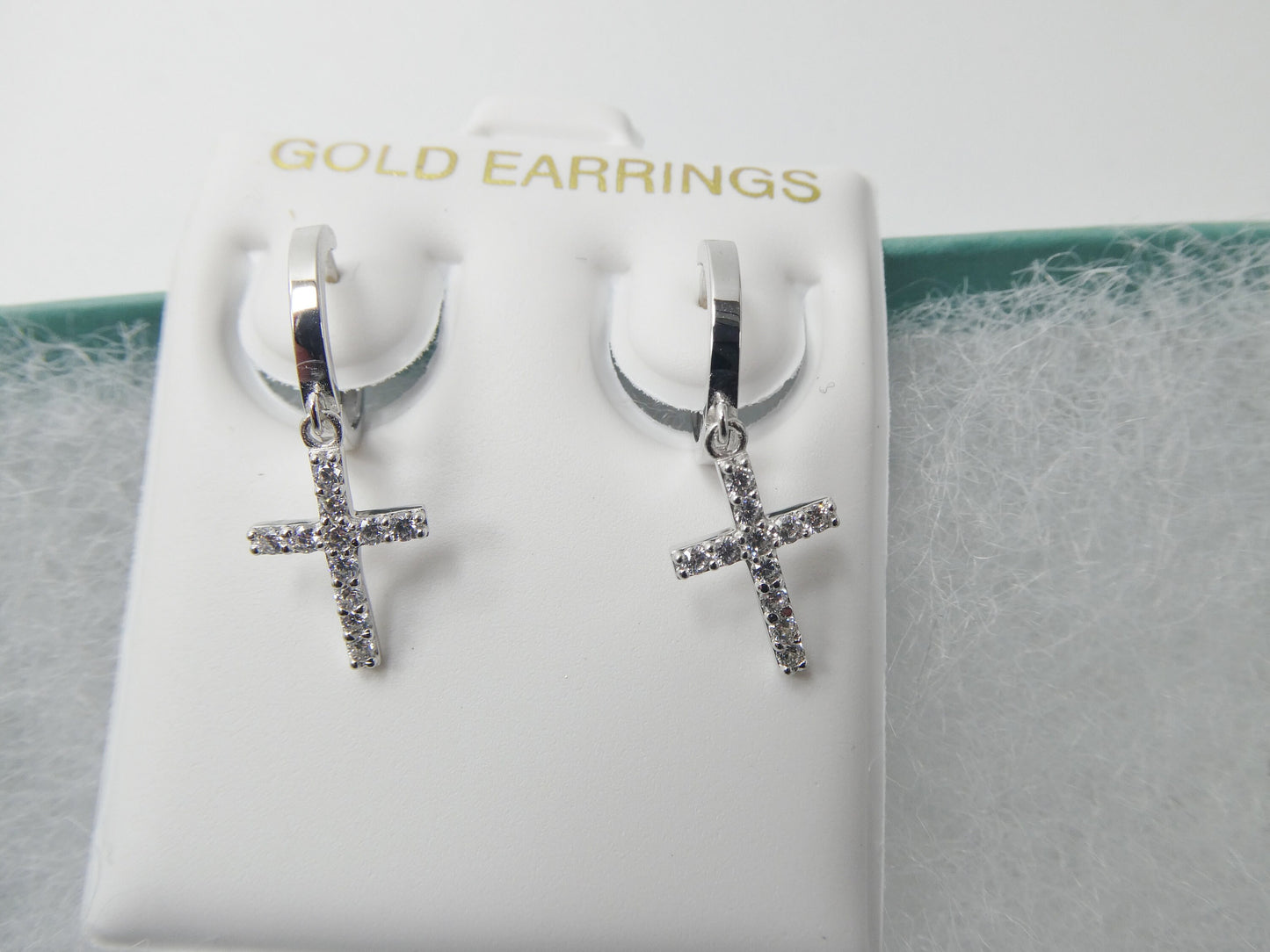real 10k solid yellow gold cross dropping hoop huggie earring