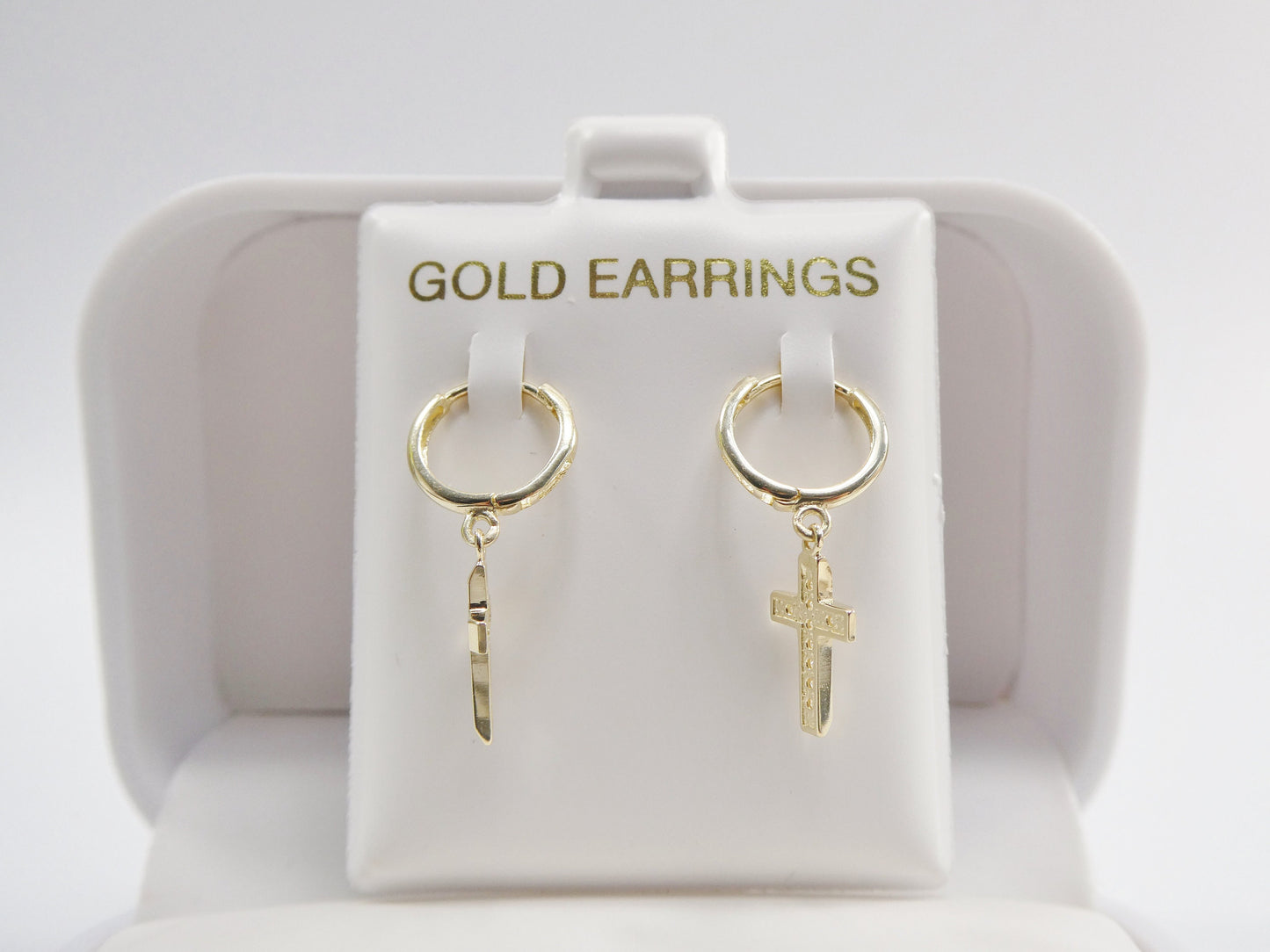 10k real solid yellow gold 1.5mm stone setting cross dangle on plain huggie hoop fancy earrings