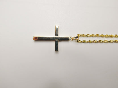 14k Real Solid Yellow Gold Diamond Cut Cross Pendent and Robe Necklace