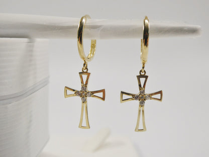 10k Real Solid Yellow Gold Plain Hoop Huggie Cross Dropping